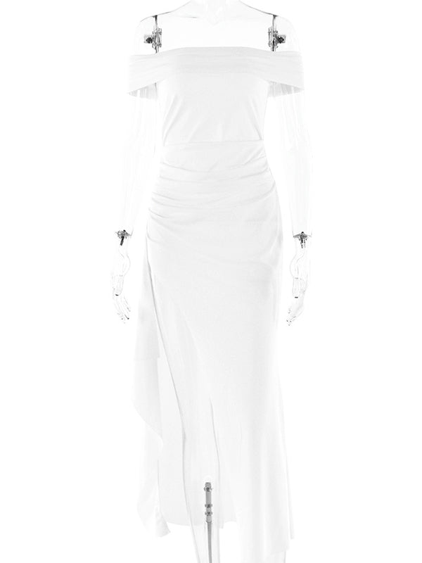 Mumsmode Zwangerchaps Maxi Jurk Off Shoulder Zijsplit Ruches Gekreukt Cocktail Bal Babyshower Elegant Wit