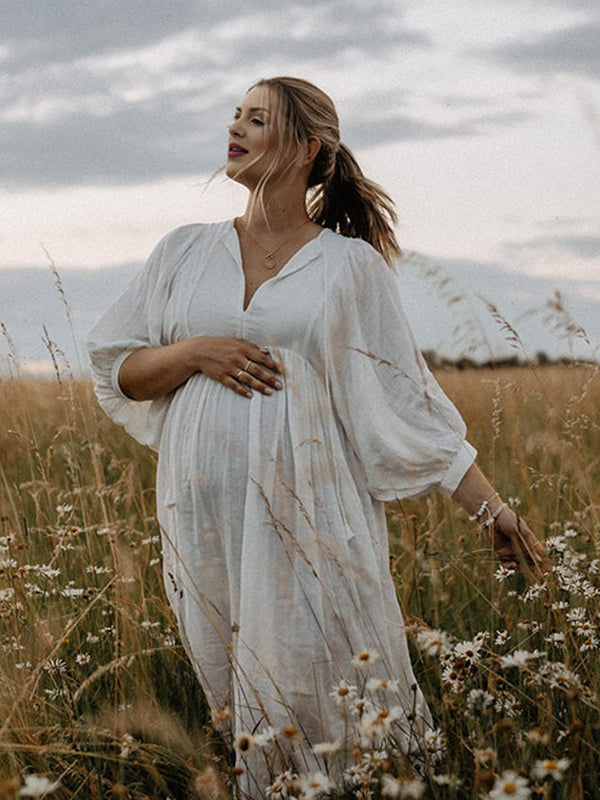 Mumsmode Zwangerchaps Midi Fotoshoot Jurken Boho Elegante Vetersluiting V-hals Pofmouw Wit
