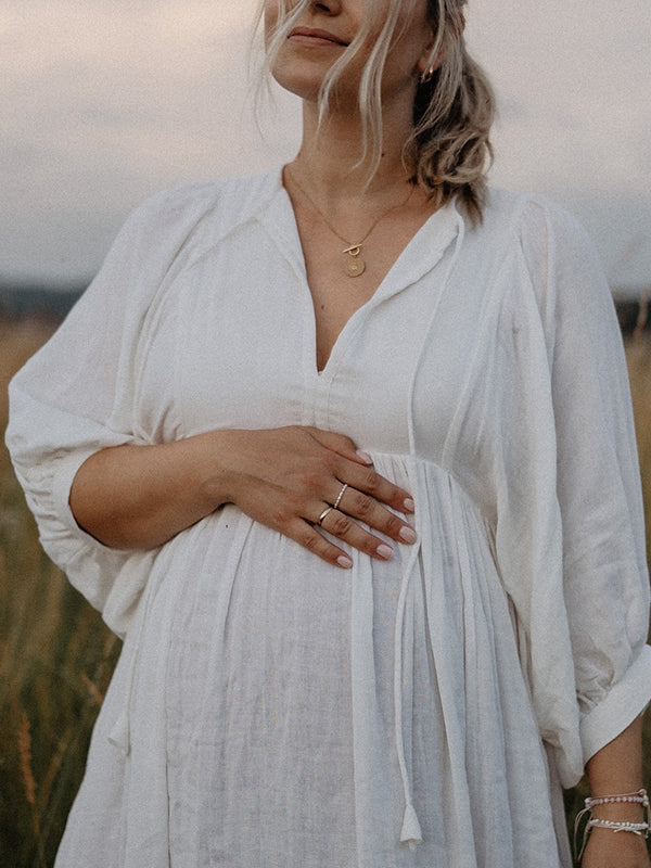 Mumsmode Zwangerchaps Midi Fotoshoot Jurken Boho Elegante Vetersluiting V-hals Pofmouw Wit