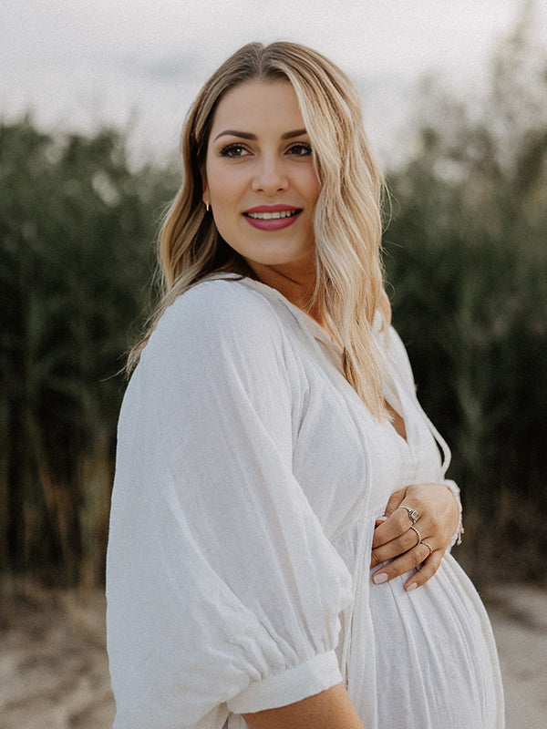 Mumsmode Zwangerchaps Midi Fotoshoot Jurken Boho Elegante Vetersluiting V-hals Pofmouw Wit