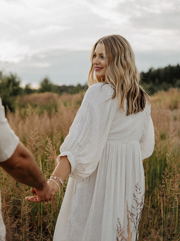 Mumsmode Zwangerchaps Midi Fotoshoot Jurken Boho Elegante Vetersluiting V-hals Pofmouw Wit
