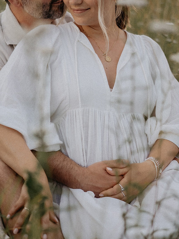 Mumsmode Zwangerchaps Midi Fotoshoot Jurken Boho Elegante Vetersluiting V-hals Pofmouw Wit