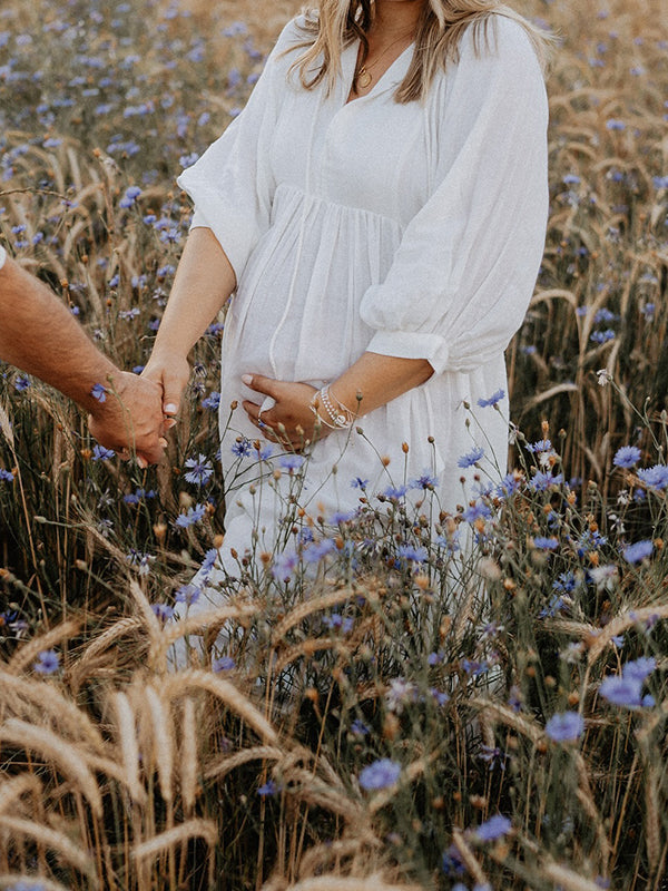 Mumsmode Zwangerchaps Midi Fotoshoot Jurken Boho Elegante Vetersluiting V-hals Pofmouw Wit
