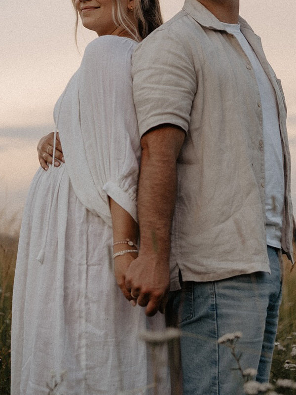 Mumsmode Zwangerchaps Midi Fotoshoot Jurken Boho Elegante Vetersluiting V-hals Pofmouw Wit