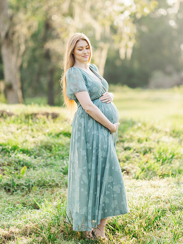 Mumsmode Zwangerchaps Bloemen Jurken Elegant Ceremonie Zijsplit Riem Bloemenprint Maxi Jurken