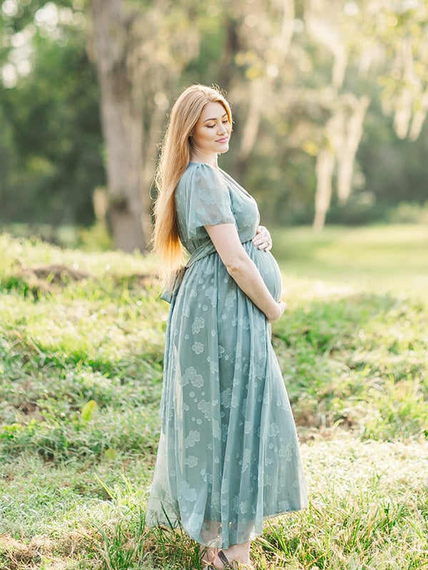 Mumsmode Zwangerchaps Bloemen Jurken Elegant Ceremonie Zijsplit Riem Bloemenprint Maxi Jurken