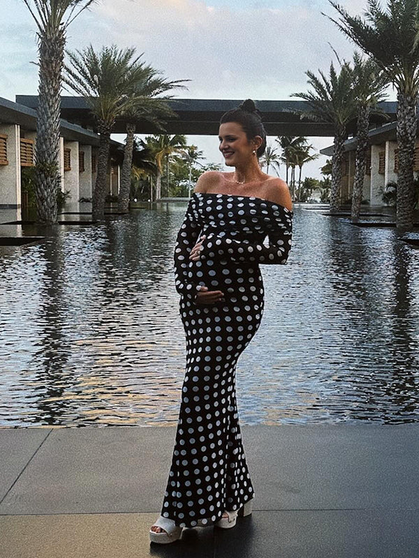 Mumsmode Zwangerchaps Maxi Cocktail Jurken Elegante Zwart En Wit Stippenprint Off Shoulder Gekreukt Bodycon