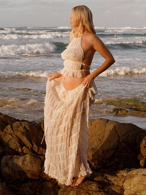 Mumsmode Zwangerchaps Maxi Chiquejurk 2-in-1 Chiffon Set Beige
