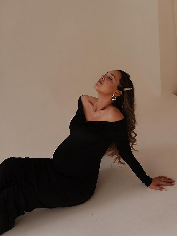 Mumsmode Zwangerchaps Maxi Fotoshoot Cocktail Jurken Elegante Off Shoulder Gerimpelde Bodycon Zwart