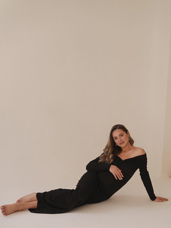 Mumsmode Zwangerchaps Maxi Fotoshoot Cocktail Jurken Elegante Off Shoulder Gerimpelde Bodycon Zwart
