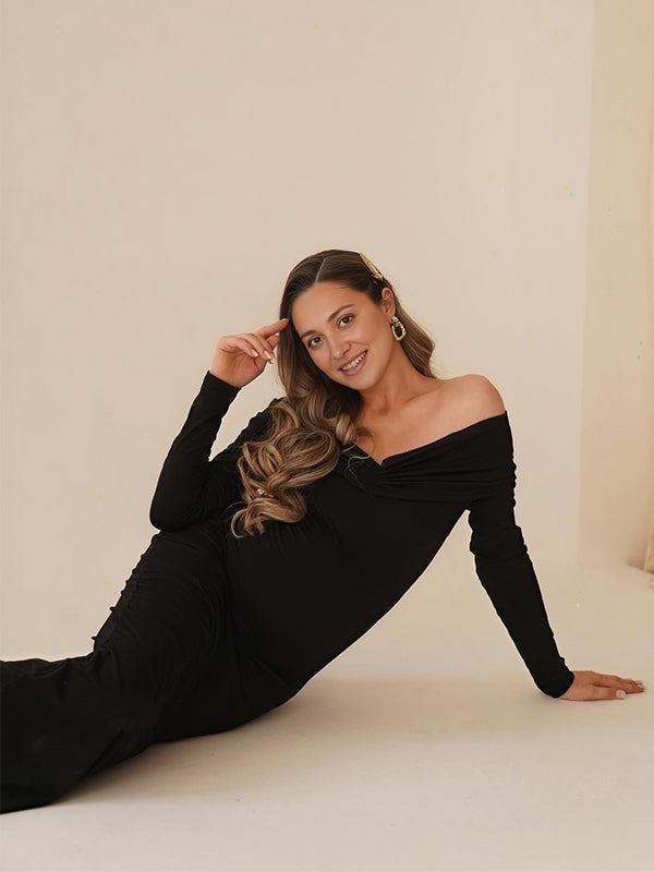 Mumsmode Zwangerchaps Maxi Fotoshoot Cocktail Jurken Elegante Off Shoulder Gerimpelde Bodycon Zwart