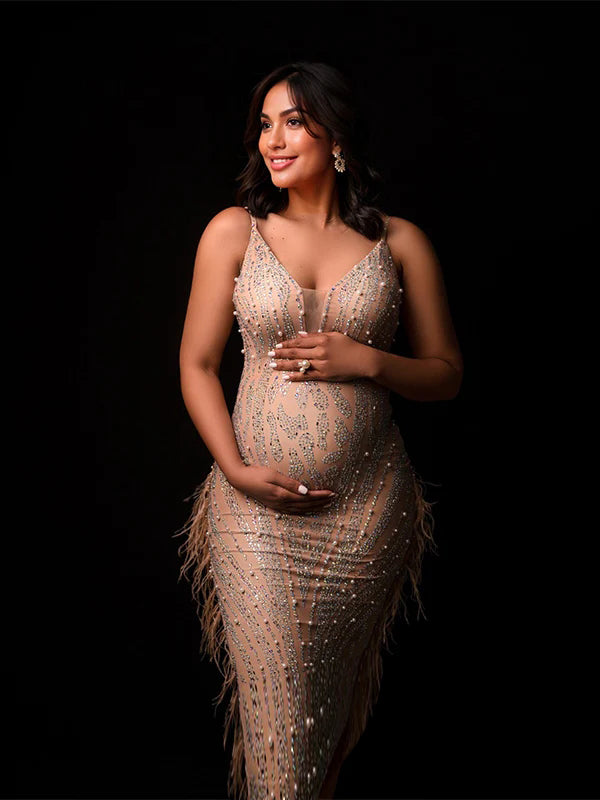 Mumsmode Zwangerschaps Maxi Fotoshoot Jurk Chique Bodycon Spaghetti Kwasten Strass