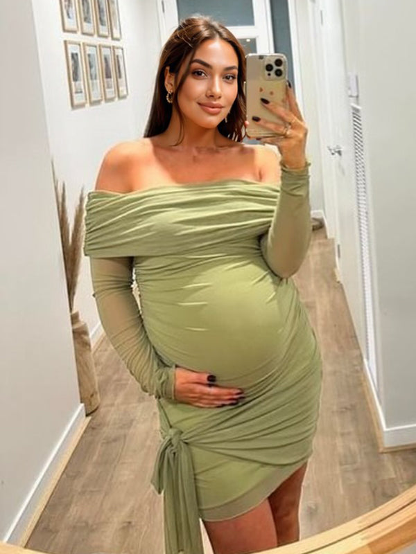 Mumsmode Zwangerchaps Mini Fotoshoot Jurken Elegant Mode Tule Gekreukt Off Shoulder Bodycon Groen