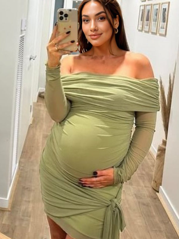 Mumsmode Zwangerchaps Mini Fotoshoot Jurken Elegant Mode Tule Gekreukt Off Shoulder Bodycon Groen