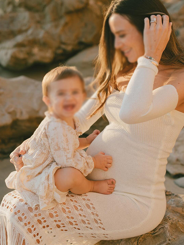 Mumsmode Zwangerchaps Maxi Fotoshoot Jurken Elegant Breien Kwasten Uithollen Bandeau Off Shoulder