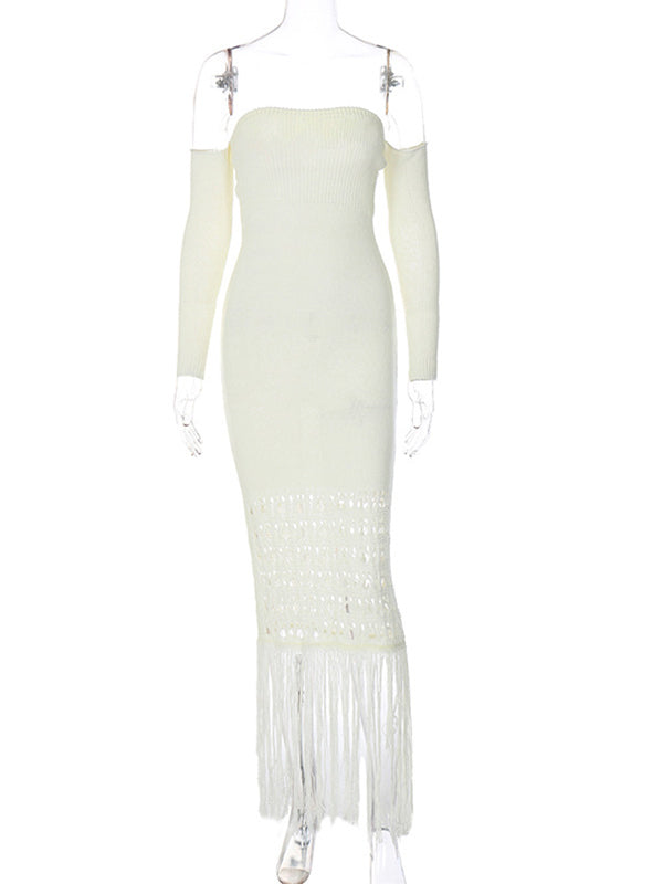 Mumsmode Zwangerchaps Maxi Fotoshoot Jurken Elegant Breien Kwasten Uithollen Bandeau Off Shoulder