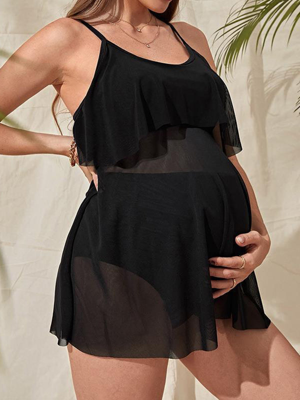 Zwarte Zwangerschaps Zwemkleding Tweedelige Set Chiffon Ruches Transparant Spaghettibandjes