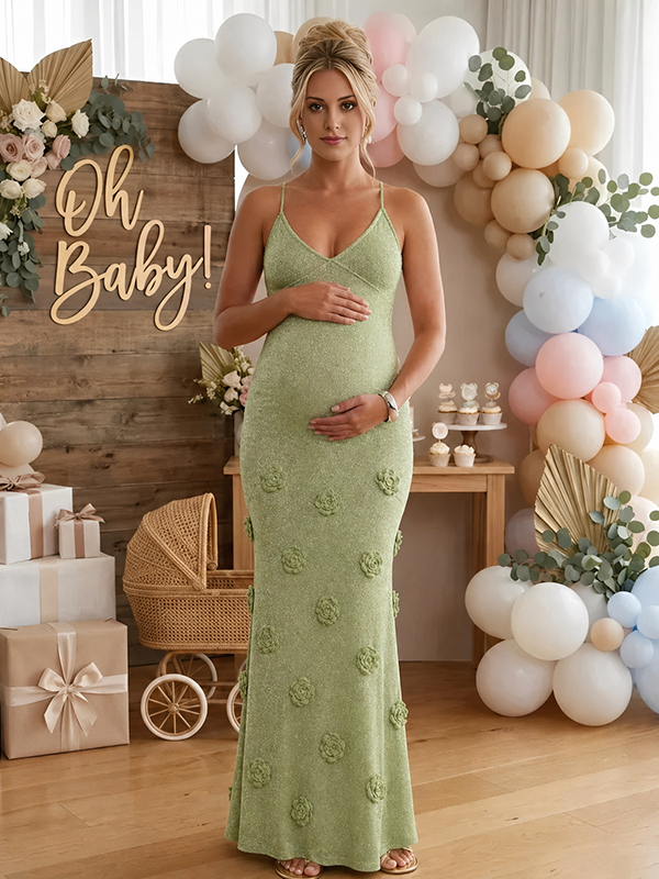 Mumsmode Zwangerschaps Maxi Jurk Elegante Gebreide Glanzende 3D Bloemen Spaghettibandjes Rugloos Babyshower
