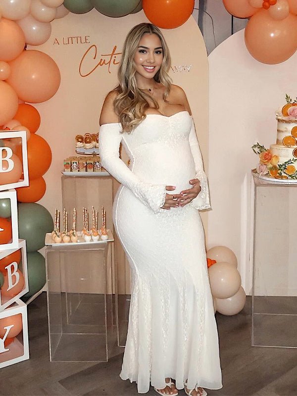 Kanten Off-Shoulder Zeemeermin Babyshower Zwangerschaps Maxi Jurk