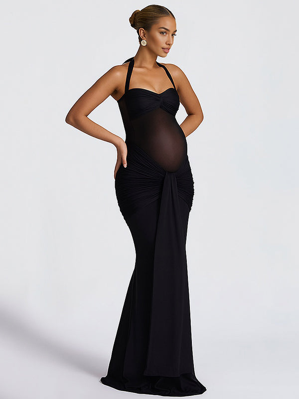 Mumsmode Zwangerschaps Maxi Jurk Mesh Geplooid Gedrapeerd Halterhals Rugloos Babyshower