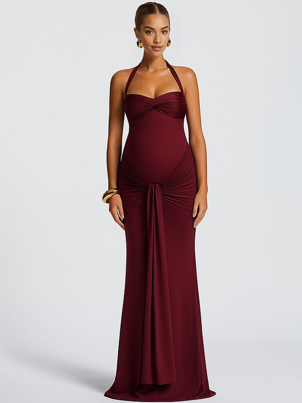 Mumsmode Zwangerschaps Maxi Jurk Mesh Geplooid Gedrapeerd Halterhals Rugloos Babyshower