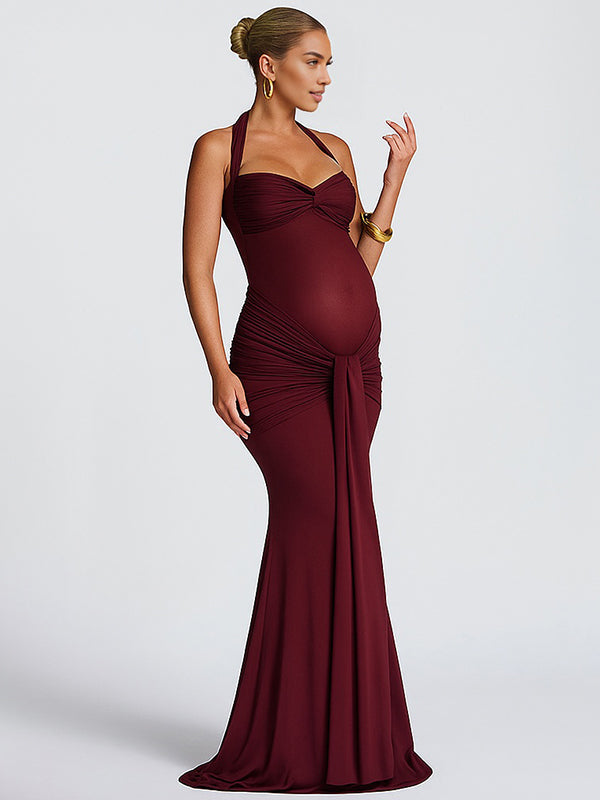 Mumsmode Zwangerschaps Maxi Jurk Mesh Geplooid Gedrapeerd Halterhals Rugloos Babyshower