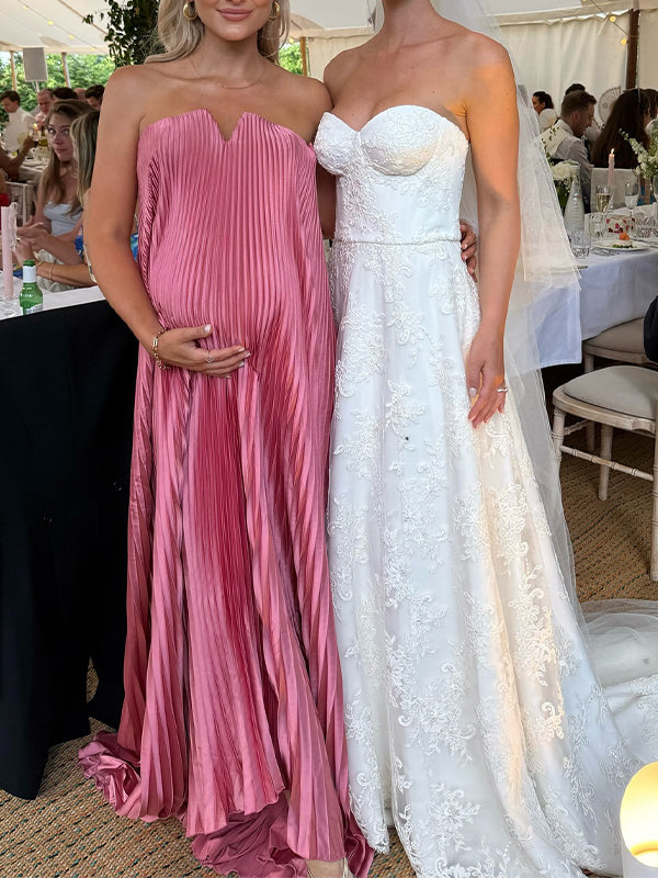 Roze Zwangerschaps Maxi Jurk Geplooid Bandeau Elegante
