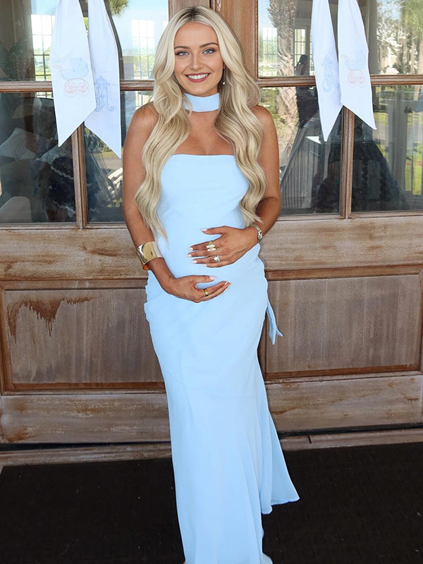 Mumsmode Blauwe Zwangerschaps Maxi Jurk Mesh Geplooid Bandeau Strapless Sjaalmodel Bodycon Babyshower