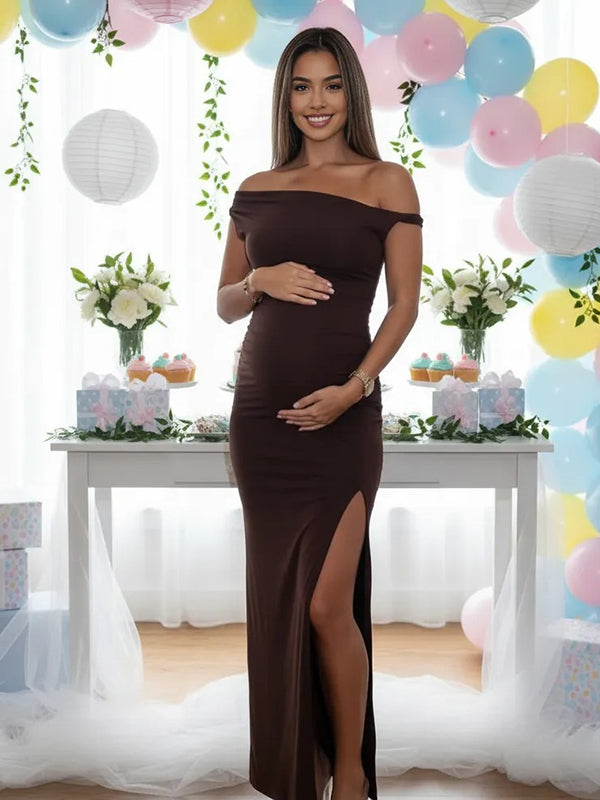 Mumsmode Zwangerschaps Maxi Jurk Één Schouder Geplooid Zijsplit Bodycon Babyshower