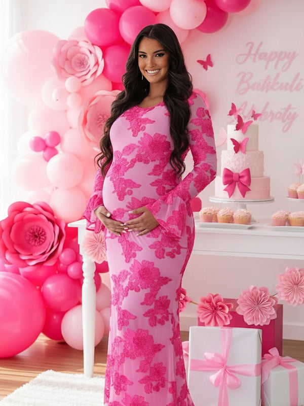 Mumsmode Zwangerschaps Maxi Bodycon Jurk Chique Cocktail Borduursel Bloemenprint Ruches