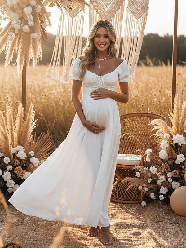 Mumsmode Zwangerschaps Boho Maxi Jurk Ruches Geplooid Vetersluiting Wijde Zwier Boho Fotoshoot