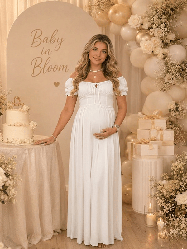 Witte Boho Zwangerschaps Maxi Jurk Ruches Geplooid Vetersluiting