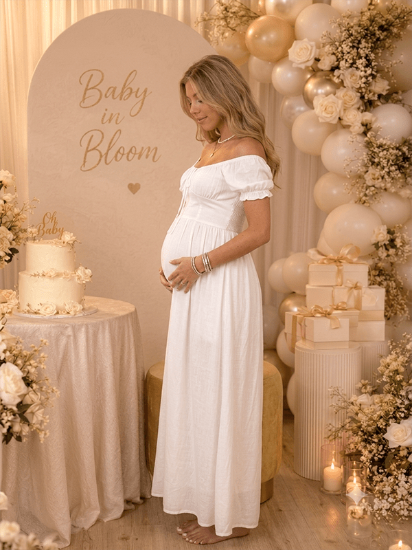 Witte Boho Zwangerschaps Maxi Jurk Ruches Geplooid Vetersluiting