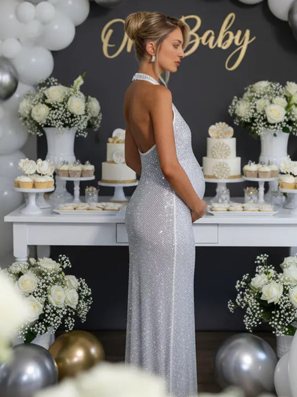 Mumsmode Glitter Pailletten Zwangerschaps Maxi Jurk Geplooid Rugloos Halterhals Bodycon Babyshower