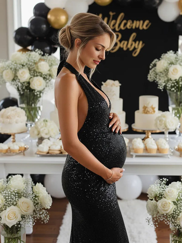 Mumsmode Glitter Pailletten Zwangerschaps Maxi Jurk Geplooid Rugloos Halterhals Bodycon Babyshower