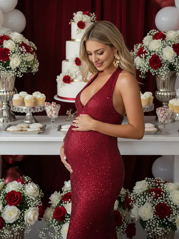 Mumsmode Glitter Pailletten Zwangerschaps Maxi Jurk Geplooid Rugloos Halterhals Bodycon Babyshower
