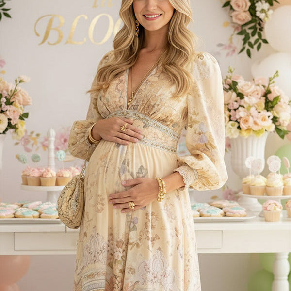 Beige zwangerschaps maxi jurk met bloemenprint en lantaarnmouwen, ideaal voor een babyshower.