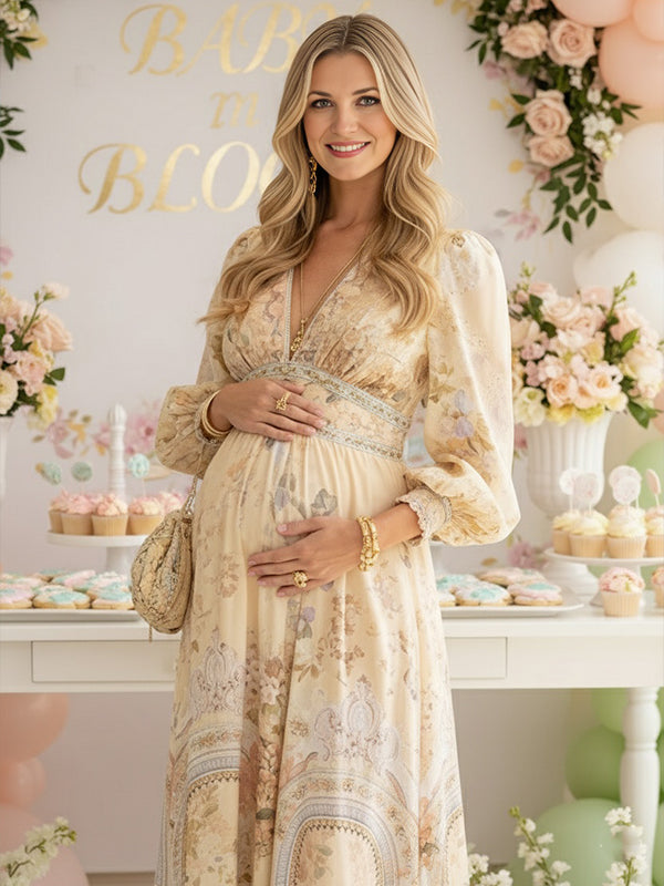Mumsmode Zwangerschaps Maxi Bloemen Jurk Chique Cocktail Babyshower Chiffon Lantaarn Mouw