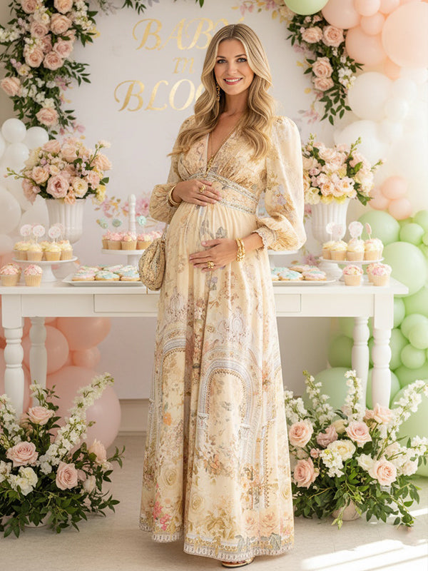 Mumsmode Zwangerschaps Maxi Bloemen Jurk Chique Cocktail Babyshower Chiffon Lantaarn Mouw