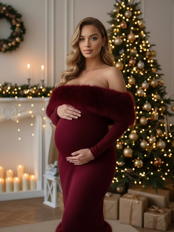 Mumsmode Zwangerschaps Maxi Bodycon Jurk Chique Cocktail Harig Patchwork Off Shoulder