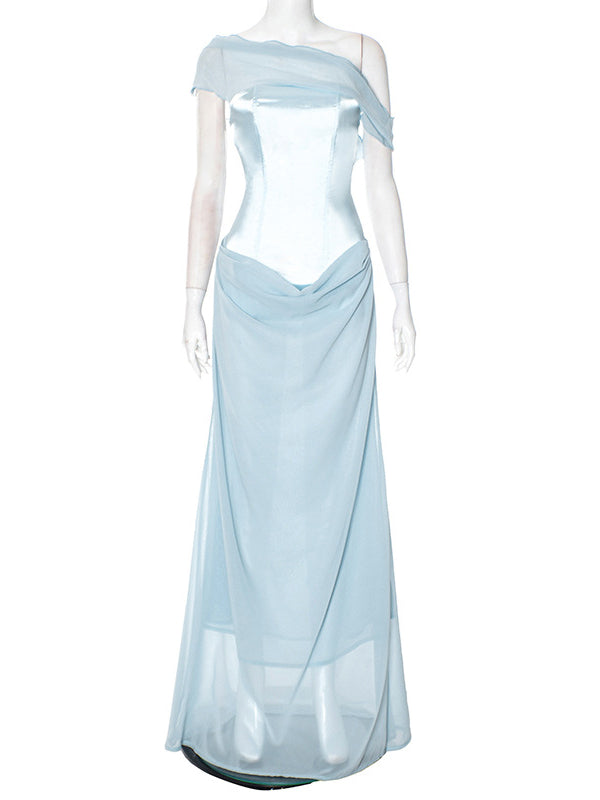 Mumsmode Zwangerchaps Maxi jurk Babyshower Patchwork Off Shoulder  Lichtblauw