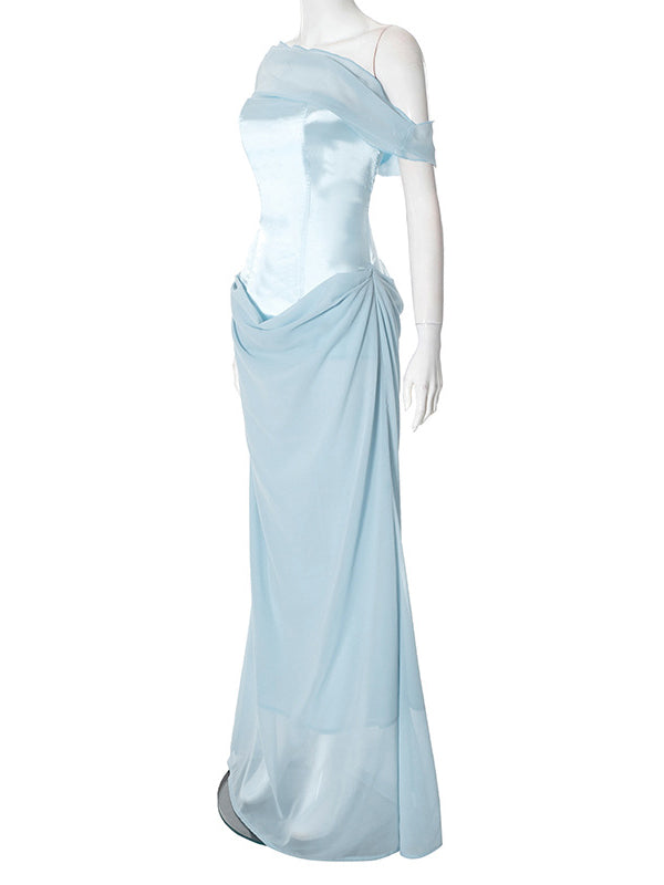 Mumsmode Zwangerchaps Maxi jurk Babyshower Patchwork Off Shoulder  Lichtblauw