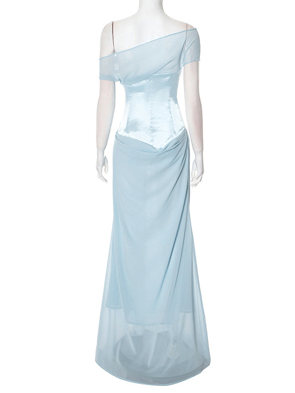 Mumsmode Zwangerchaps Maxi jurk Babyshower Patchwork Off Shoulder  Lichtblauw