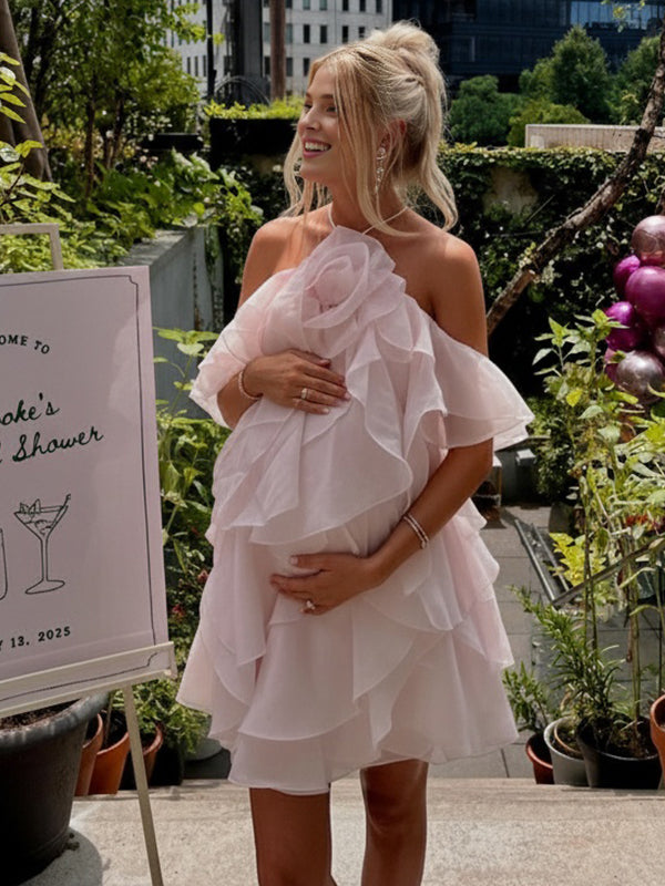 Mumsmode Zwangerschaps Mini Jurk 3D Bloemen Gelaagd Ruches Spaghettibandjes Rugloos Babyshower