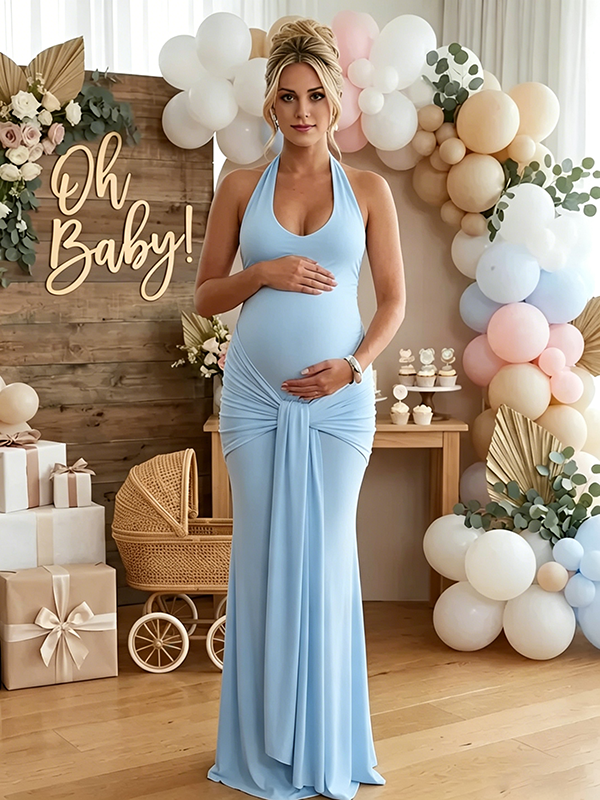 Mumsmode Zwangerschaps Maxi Jurk Bodycon Gedrapeerd Halterhals Rugloos Babyshower