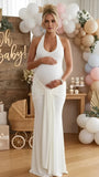 Mumsmode Zwangerschaps Maxi Jurk Bodycon Gedrapeerd Halterhals Rugloos Babyshower