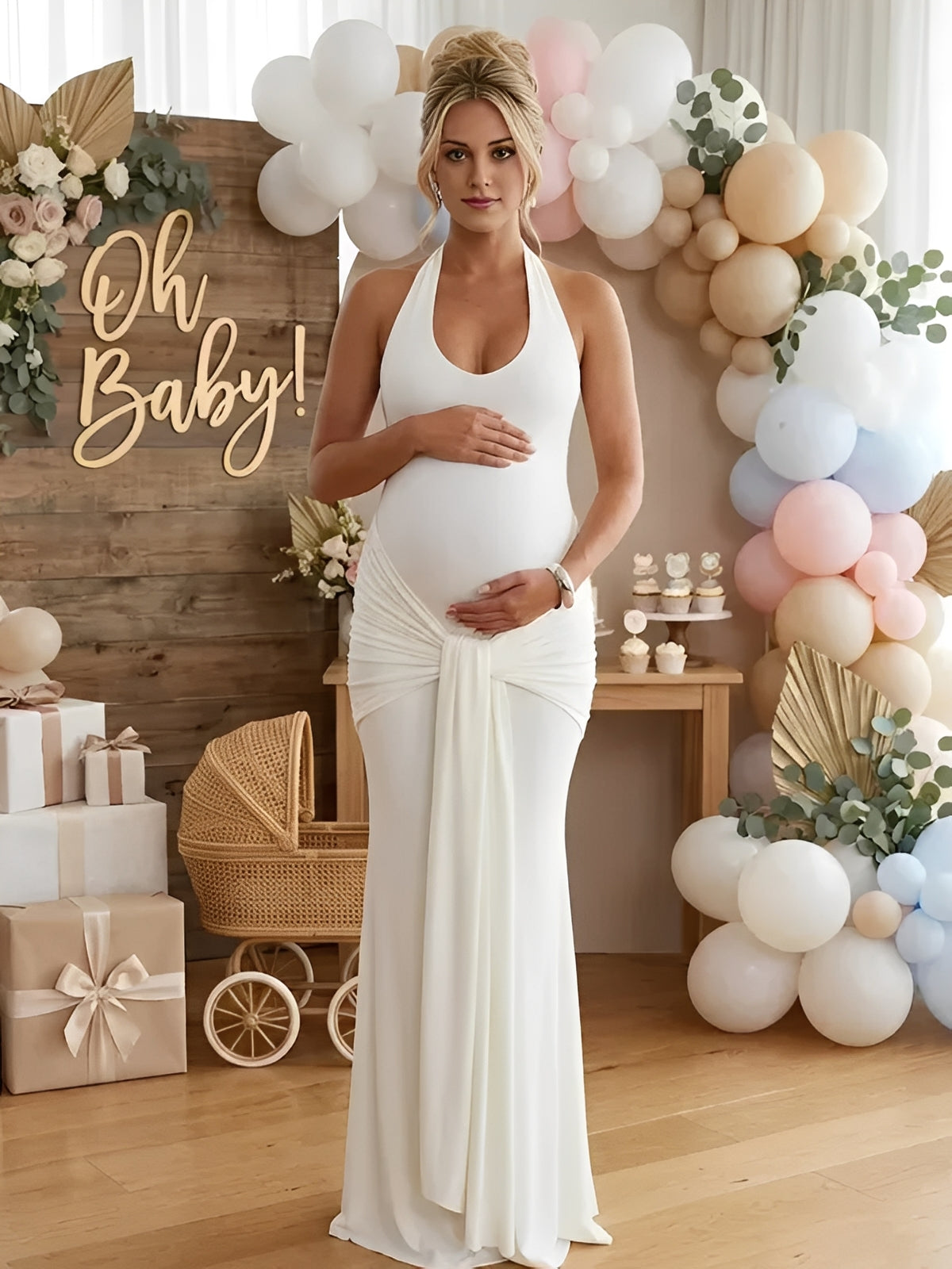 Mumsmode Zwangerschaps Maxi Jurk Bodycon Gedrapeerd Halterhals Rugloos Babyshower