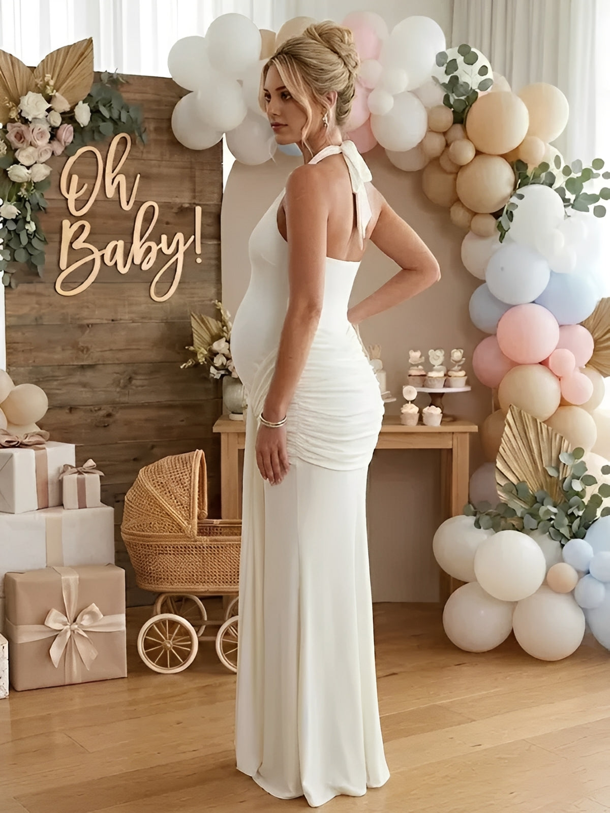 Mumsmode Zwangerschaps Maxi Jurk Bodycon Gedrapeerd Halterhals Rugloos Babyshower
