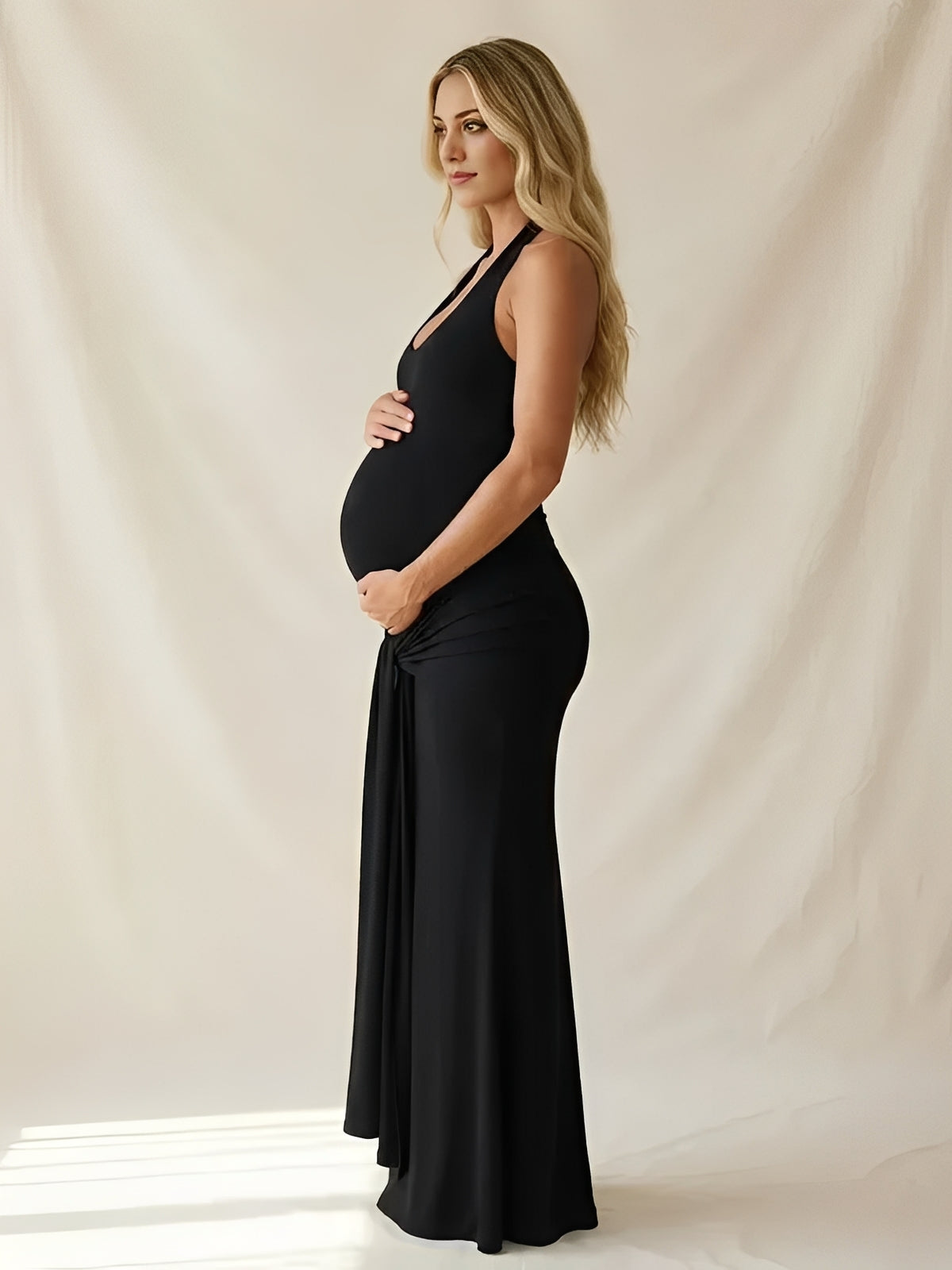 Mumsmode Zwangerschaps Maxi Jurk Bodycon Gedrapeerd Halterhals Rugloos Babyshower