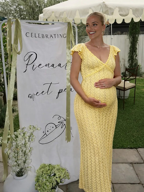 Mumsmode Gebreide Zwangerschaps Maxi Jurk Ruches Opengewerkt Aansluitend Babyshower